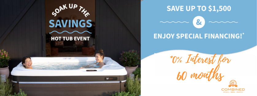 Couple lauging in a hot tub enjoying it. Witht the grapics that say Soak Up the saviging get upt to $1500 off a Caldrea Hot Tub and get 0% Interes for 60 Months
